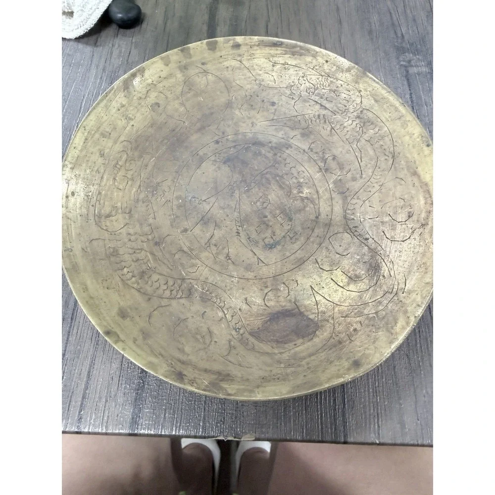 Vintage Chinese Heavy Solid Brass Hand Carved Dragons Bowl Dish